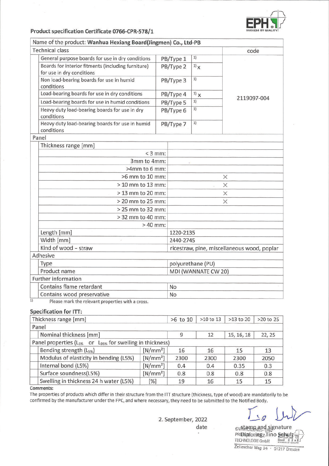 Eerste pagina van EPH · productspecificatie, 0766-CPR-578/1; product specification 2119097-004