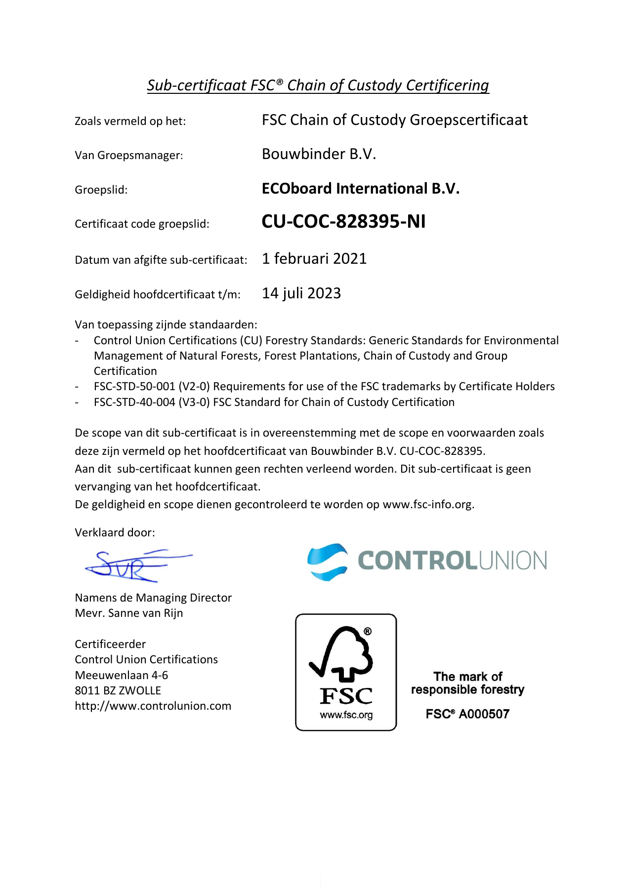 Eerste pagina van FSC · groepssubcertificaat, CU-COC-828395-NI